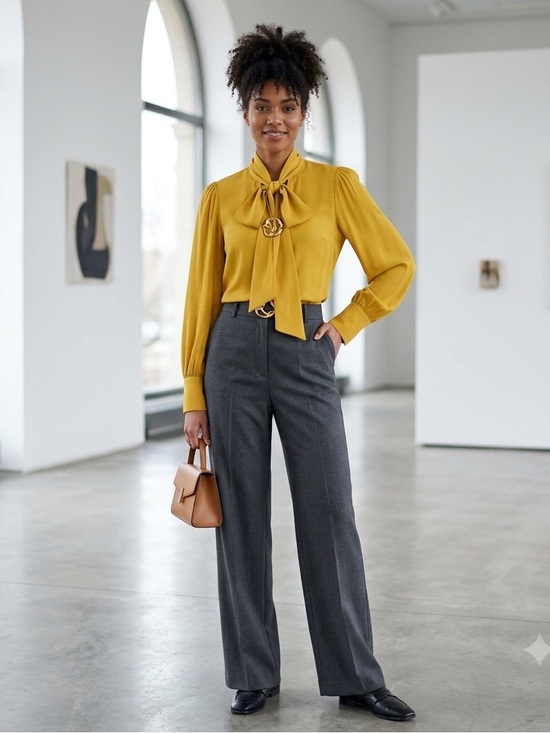 Zara Tops - Zara Mustard Tie-Neck Blouse with Long Sleeves